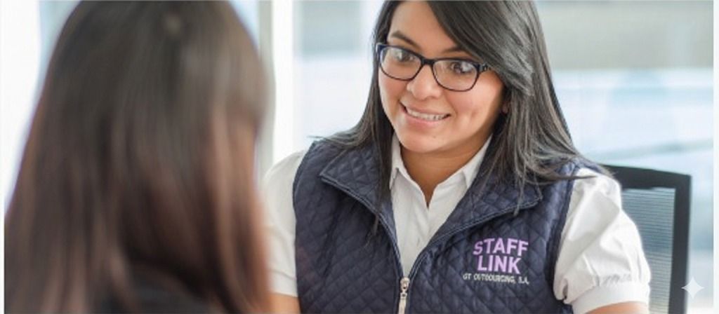 Mujer con gafas sonriendo, entrevistando a otra persona, logotipo de Staff Link en el chaleco.