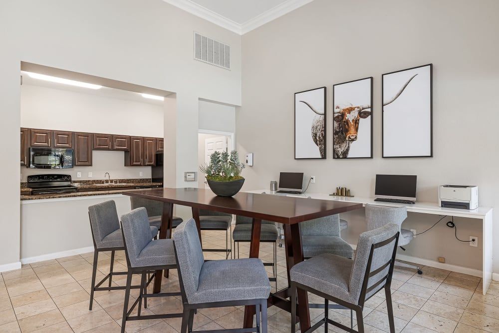Clubhouse kitchen and dining area at Marquis at Westchase in Houston, TX.