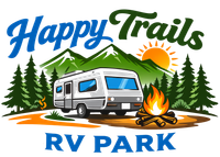Happy Trails RV Park logo with a white camper, campfire, forest, mountains, and sun in blue and green.