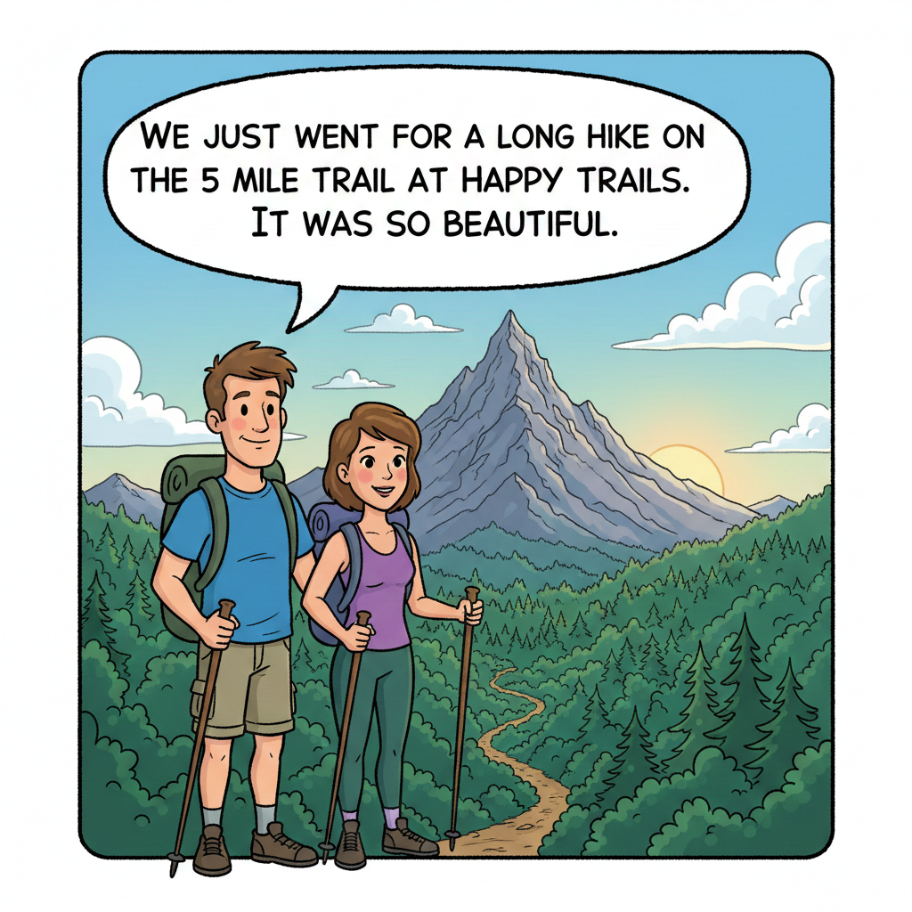 Two hikers with backpacks and poles stand before a mountain landscape; a speech bubble reads, 