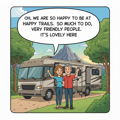 A smiling couple stands in front of their RV at a scenic, wooded campground. A speech bubble expresses their happiness.
