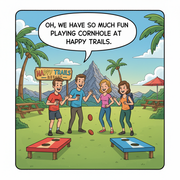 Four people play cornhole outdoors at the Happy Trails resort, laughing under a mountain landscape.