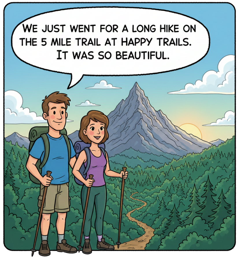 A scenic view of a sunny, green hillside with trees and a winding dirt path under a clear blue sky.