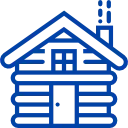 A blue outline icon of a simple log cabin with a chimney and smoke emitting from it.