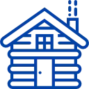 A blue-outlined icon of a rustic log cabin with a smoking chimney.