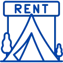 Blue line-art icon of a tent in a natural setting with the word 
