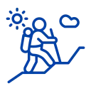 A blue line-art icon of a person with a backpack hiking up a steep hill under a sun and a cloud.