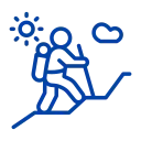 A blue line-art icon of a person with a backpack hiking up a steep hill with a sun and a cloud in the sky.