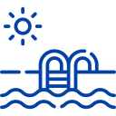 A blue outline icon showing a sunny day with a swimming pool ladder partially submerged in water.