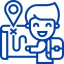 A blue line-art icon of a person with a backpack looking at a map with a location pin and a path marked with an X.