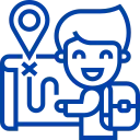 Blue line icon of a person with a backpack looking at a map with a location pin and a marked route.