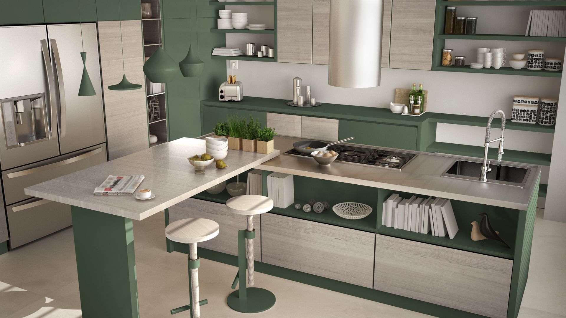 Modern Green Kitchen Island With Shelves and Cabinets