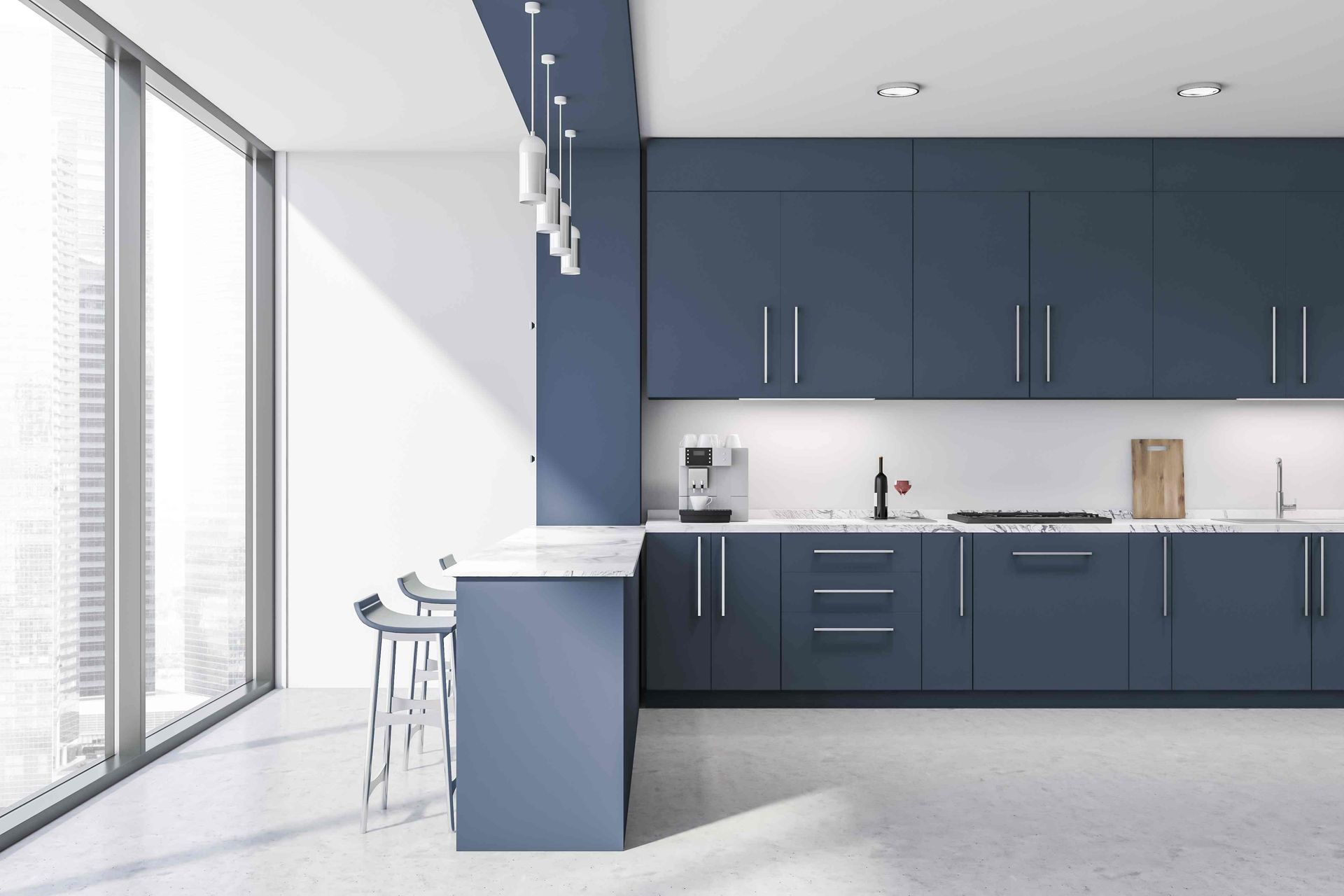 Blue custom cabinets for a modern kitchen remodeling job