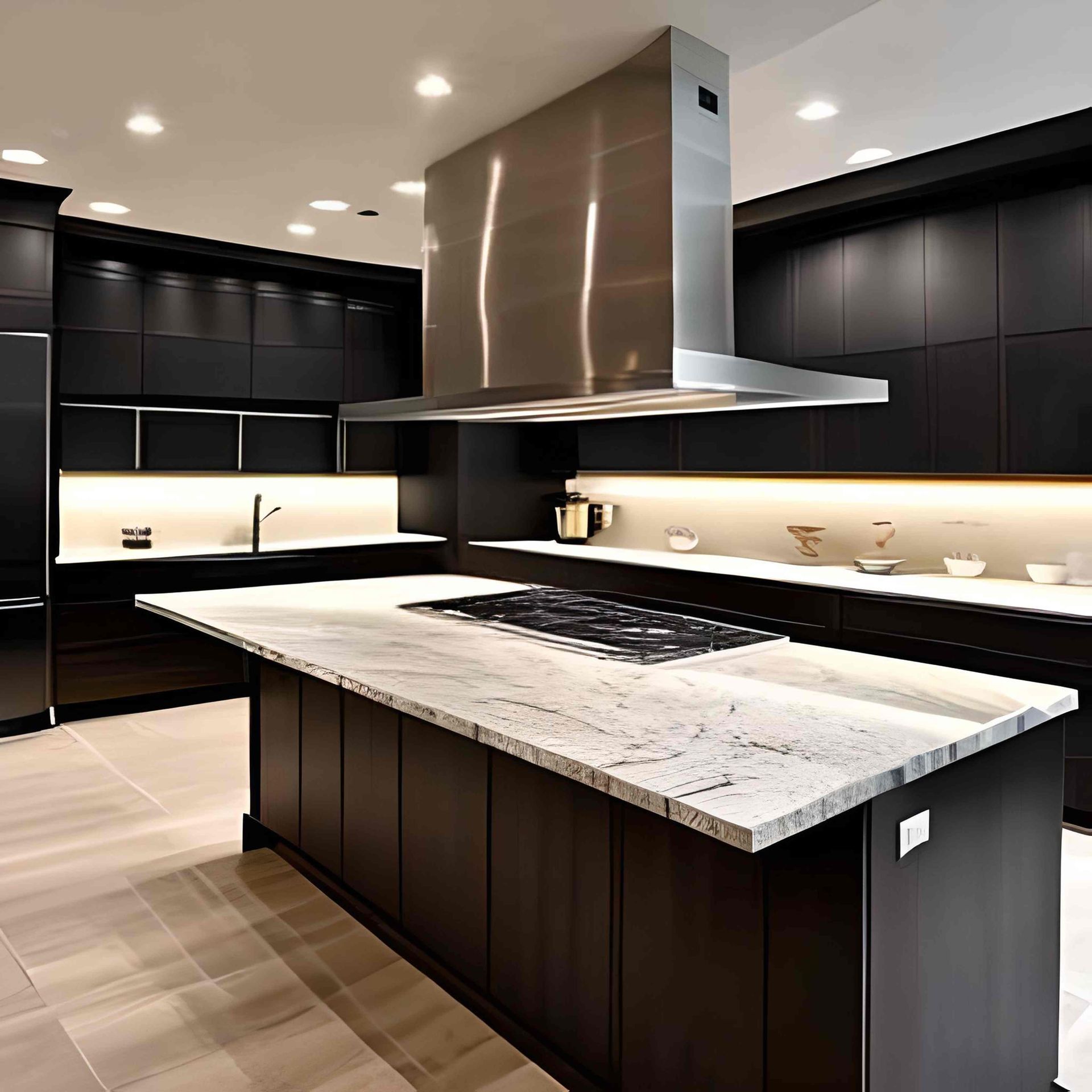 Dark colored black kitchen cabinets installed in a home