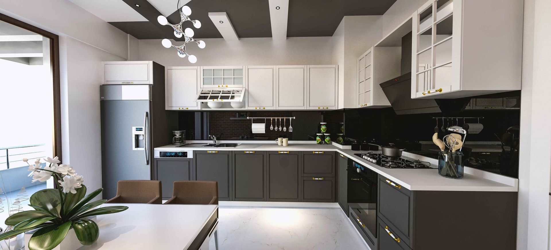 custom cabinets in kitchen painted brown on bottom and white on top