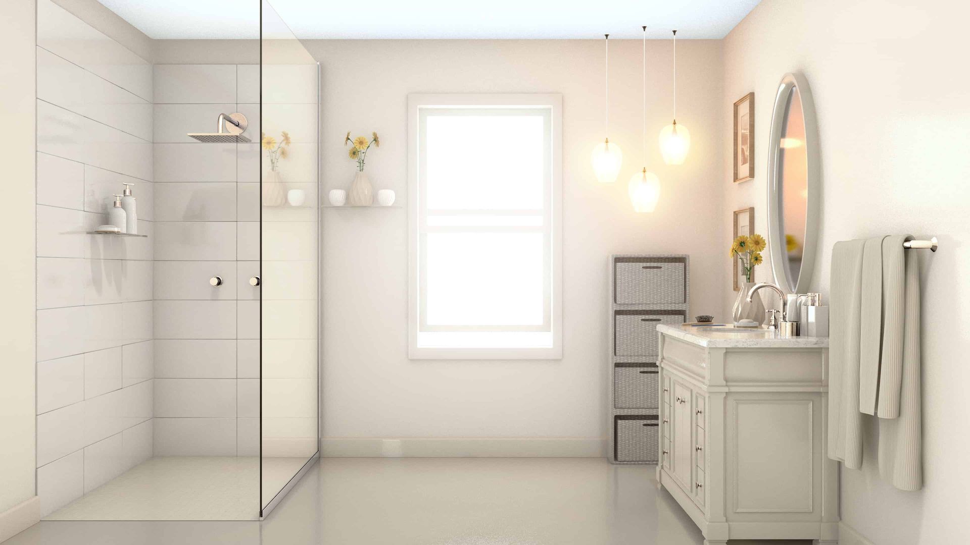 Gorgeous, high-quality cabinets  in bathroom, with beige finishes