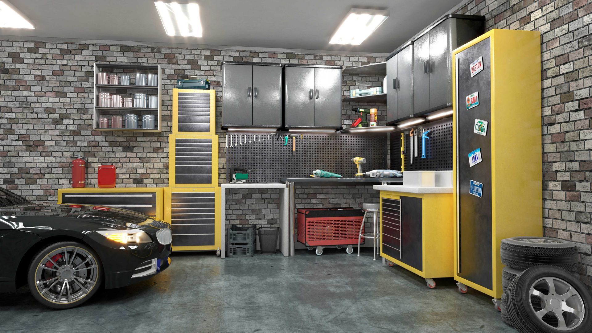 Yellow and grey custom garage storage cabinets with shelves and a closet 
