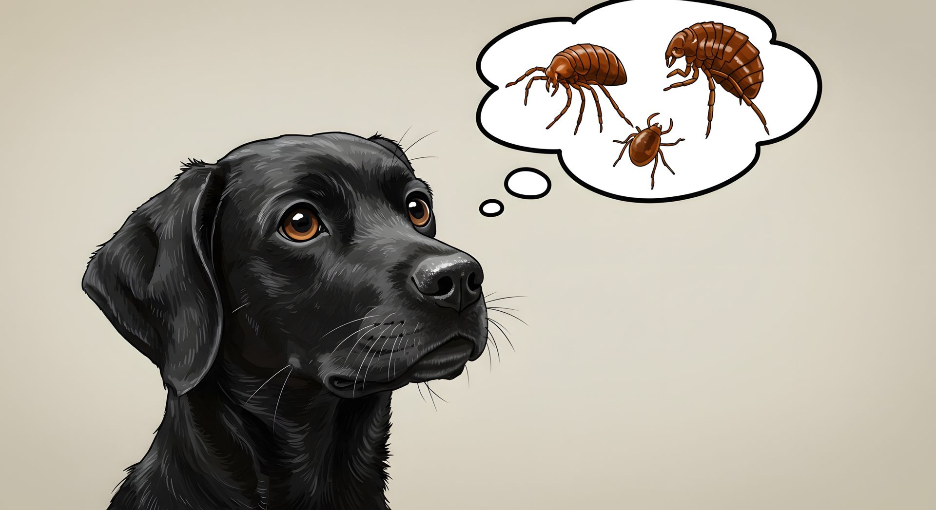 A black dog is thinking about fleas and spiders in a thought bubble.