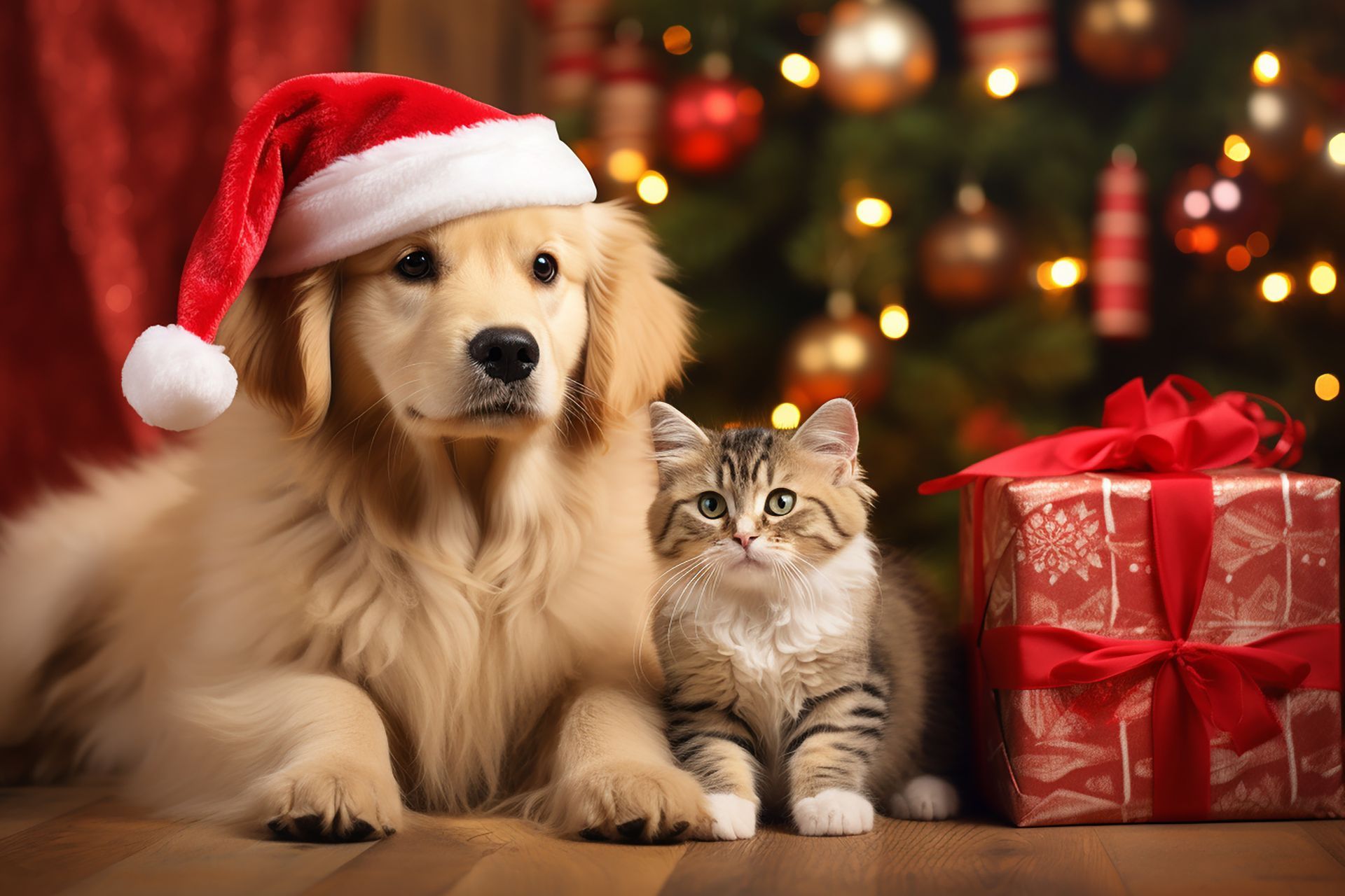 cute dog and cat wearing Christmas attire