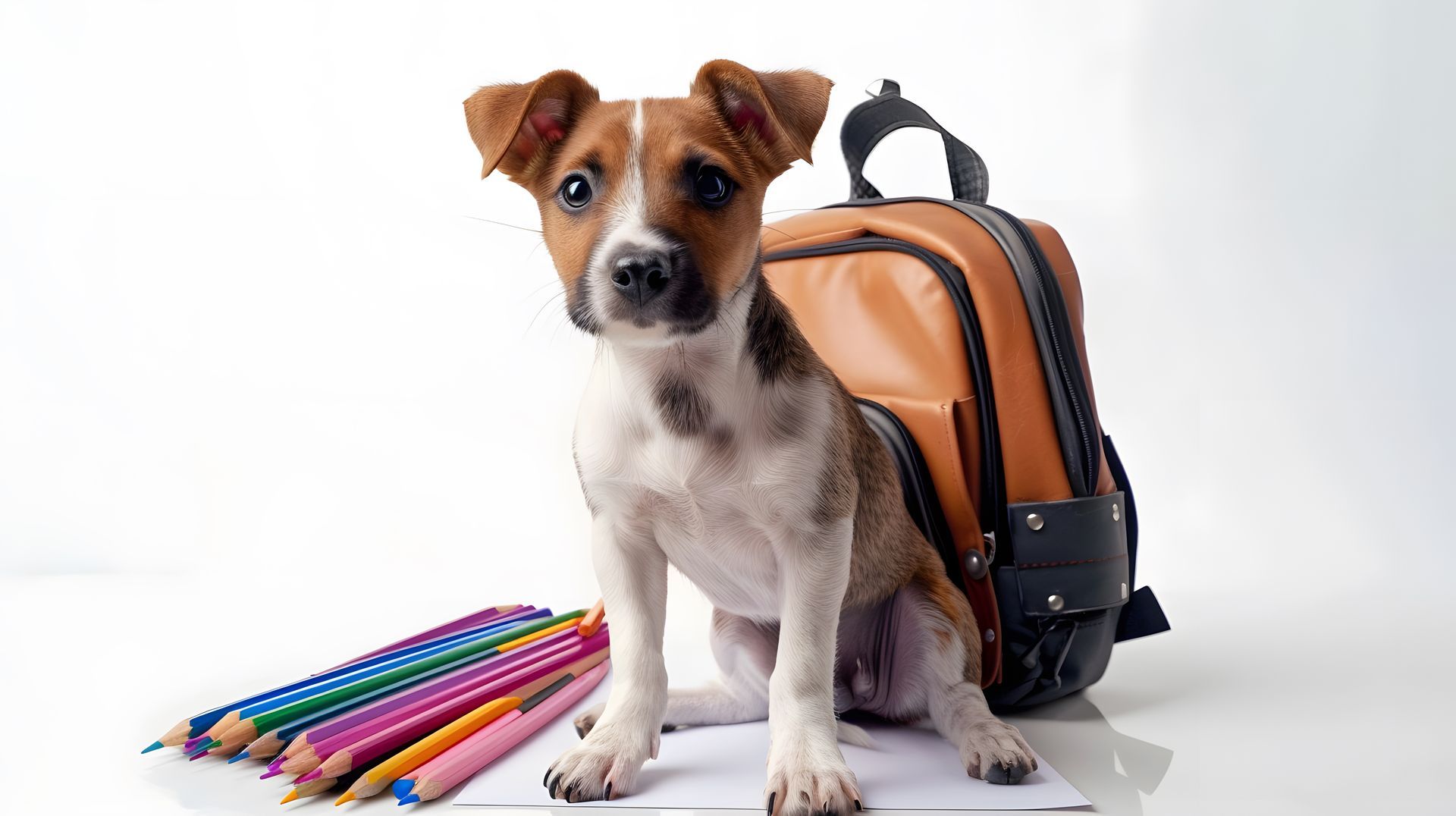 dog going to school with backpack