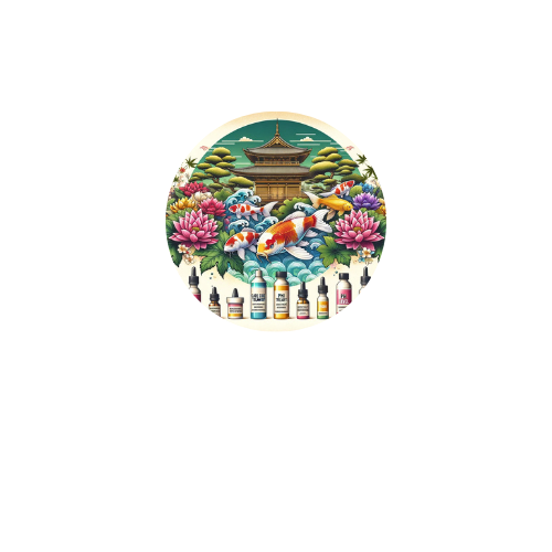 A painting of a pond with fish and flowers in a circle.