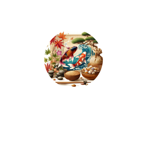 A painting of a koi fish in a pond surrounded by rocks and trees.