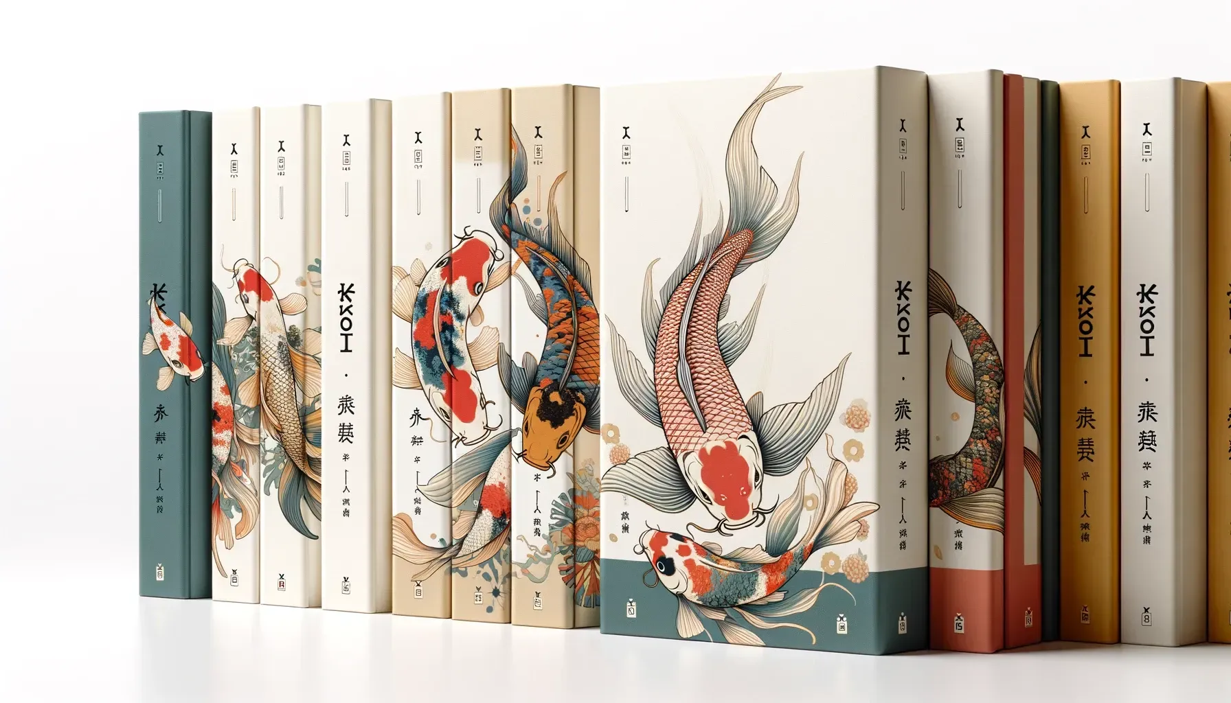 A row of books with a picture of fish on the cover.