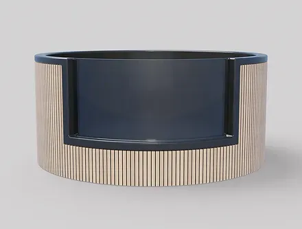 A 3d model of a round bathtub with a wooden surround.