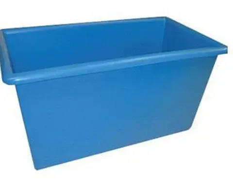 A blue plastic tub is sitting on a white surface.