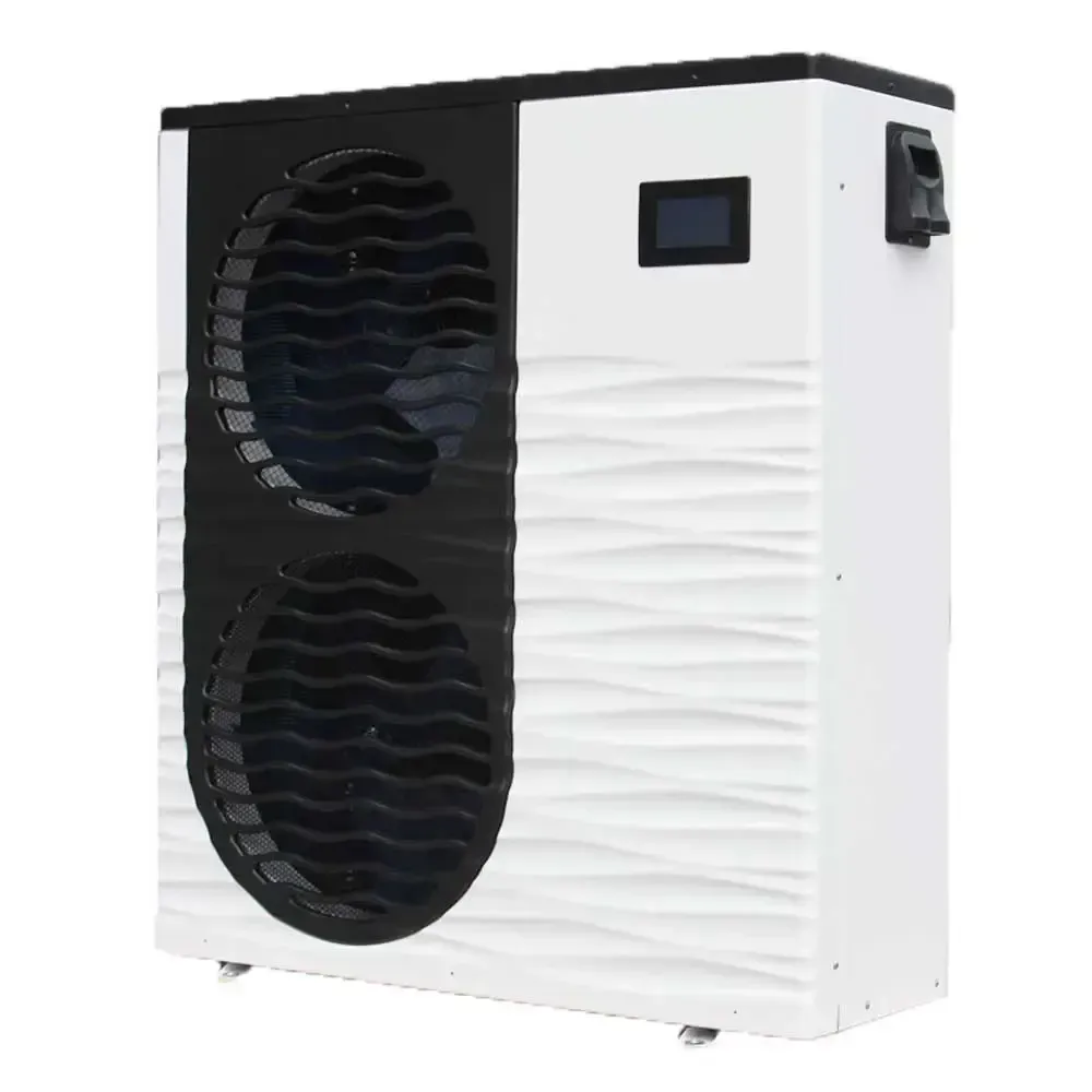 A white and black air conditioner with two fans on a white background.