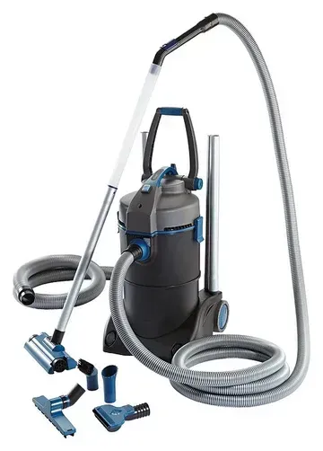 A vacuum cleaner with a hose attached to it on a white background.