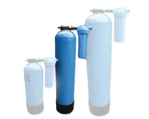A group of water filters of different sizes are sitting next to each other on a white background.