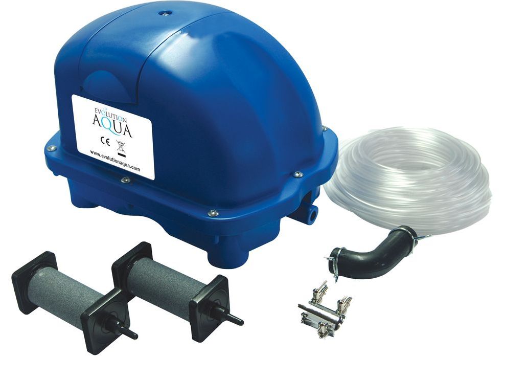 A blue aqua pump with a hose attached to it