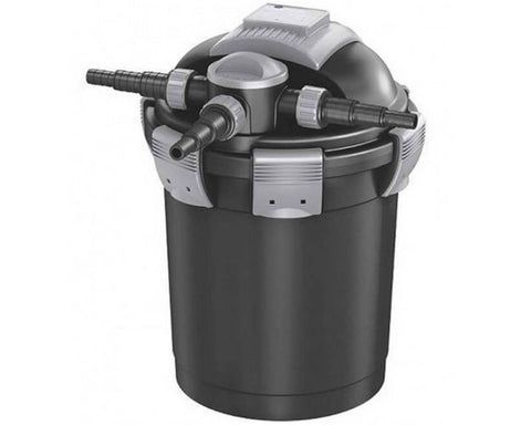 A black aquarium filter with a hose attached to it on a white background.