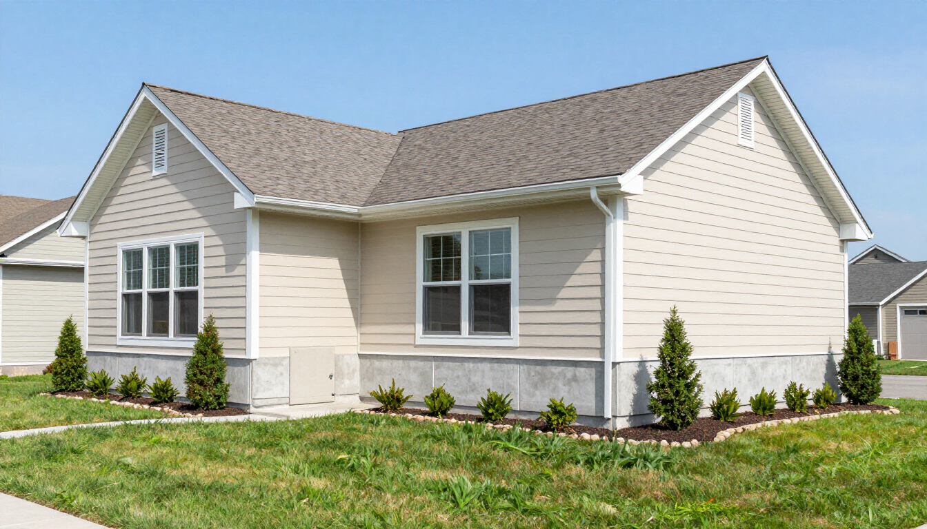 Single-story beige house with white trim, gray roof, and small shrubs on a green lawn Single-story beige house with white trim, gray roof, and small shrubs on a green lawn