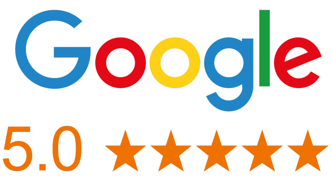 Google logo with 5.0 rating and five orange stars, indicating excellent reviews.
