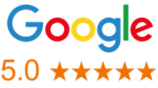 Google logo with 5.0 rating and five orange stars, indicating excellent reviews.
