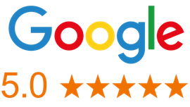 Google logo with 5.0 rating and five orange stars, indicating excellent reviews.