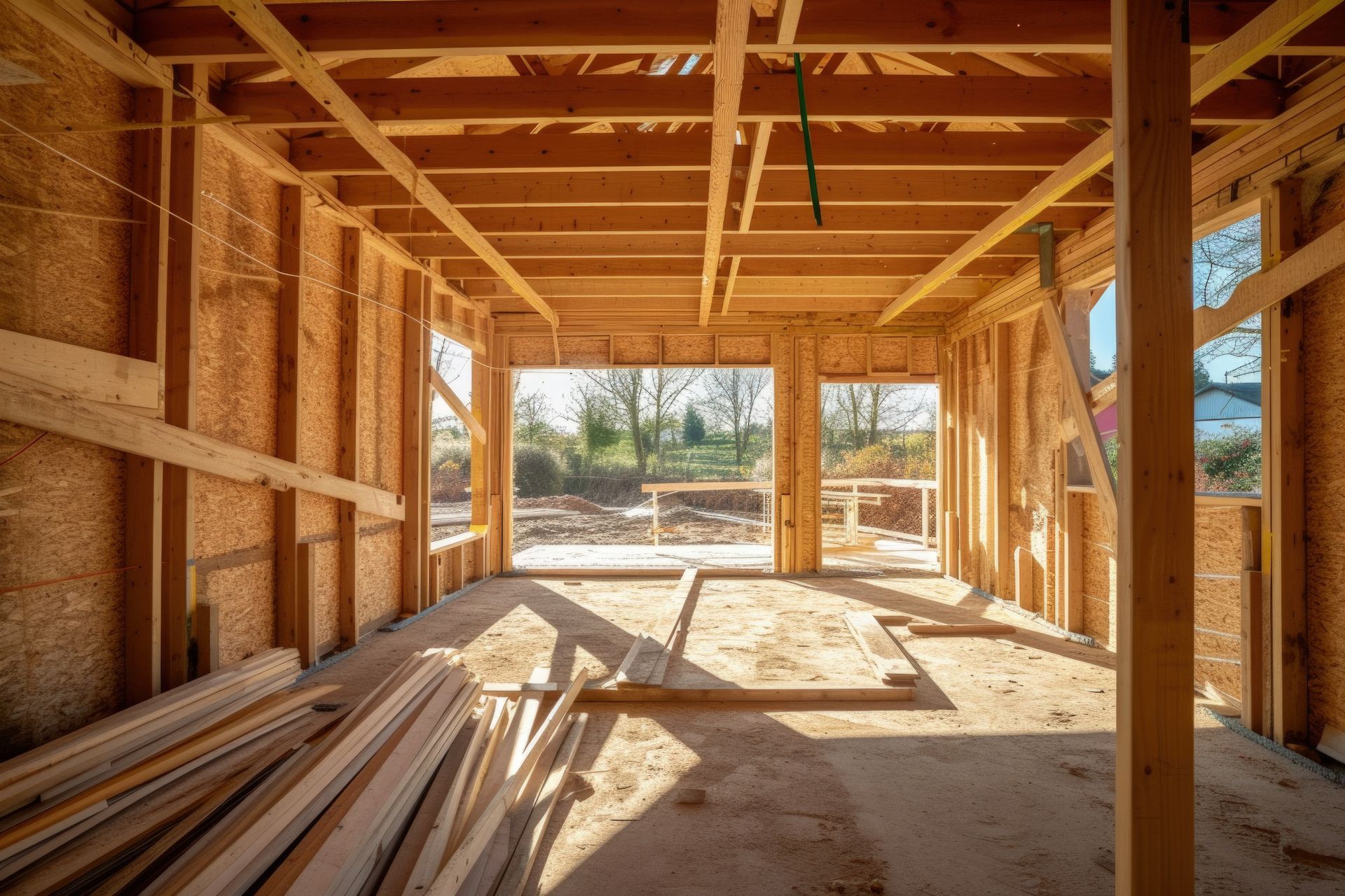 Interior of a building under construction, showing exposed wooden framework and windows.