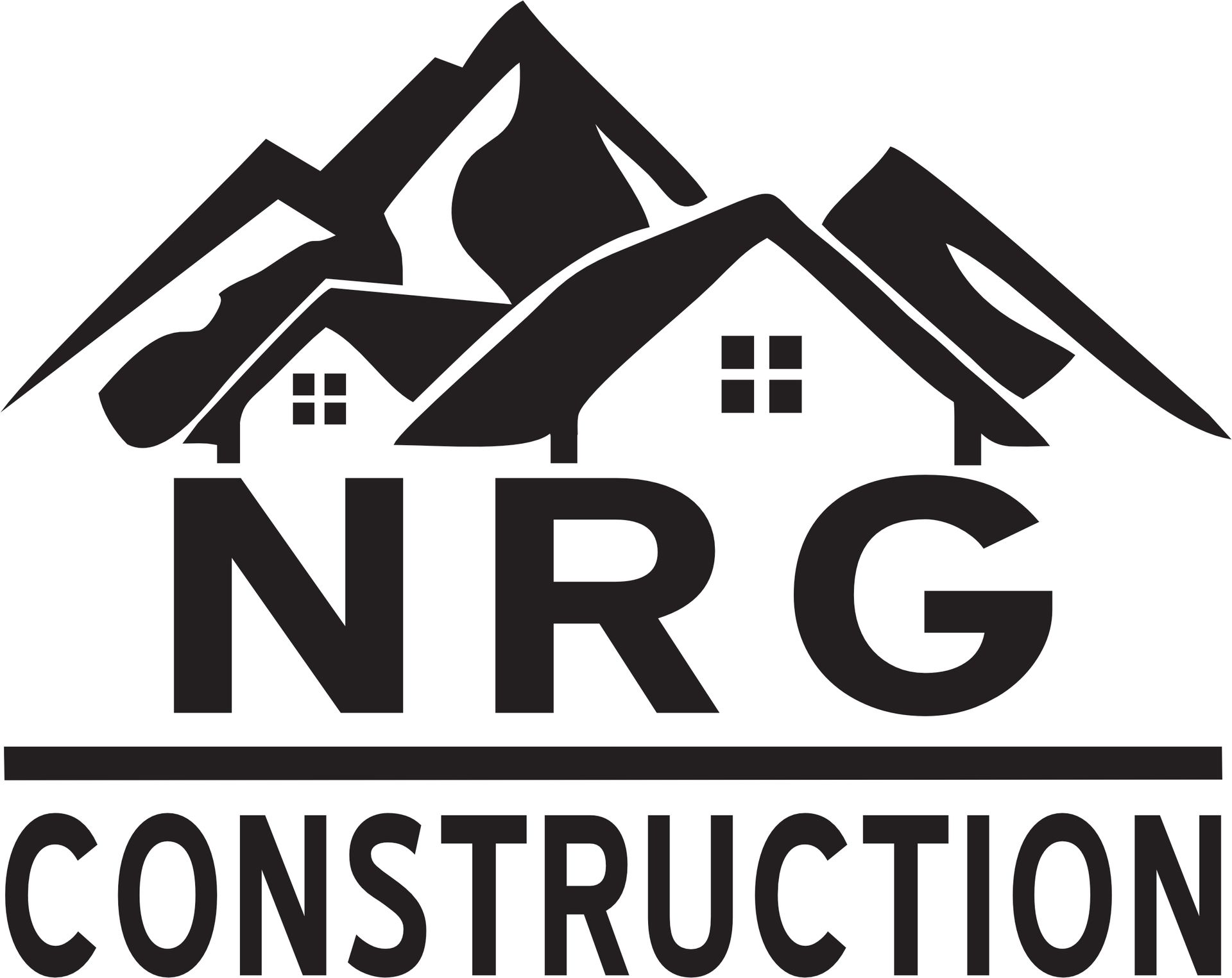 A black logo for NRG Construction featuring a stylized house silhouette set against a mountain backdrop.