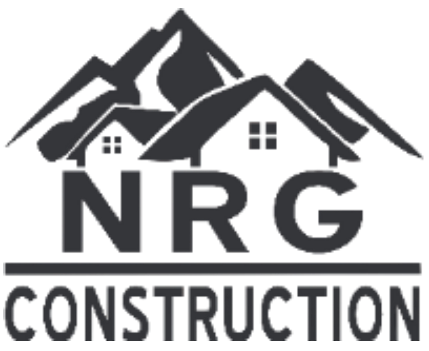 Logo for NRG Construction featuring stylized mountain peaks behind a house, with the company name written underneath.