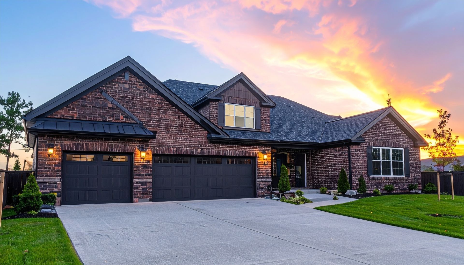 A single-story brick house with a three-car garage and a paved driveway at sunset.