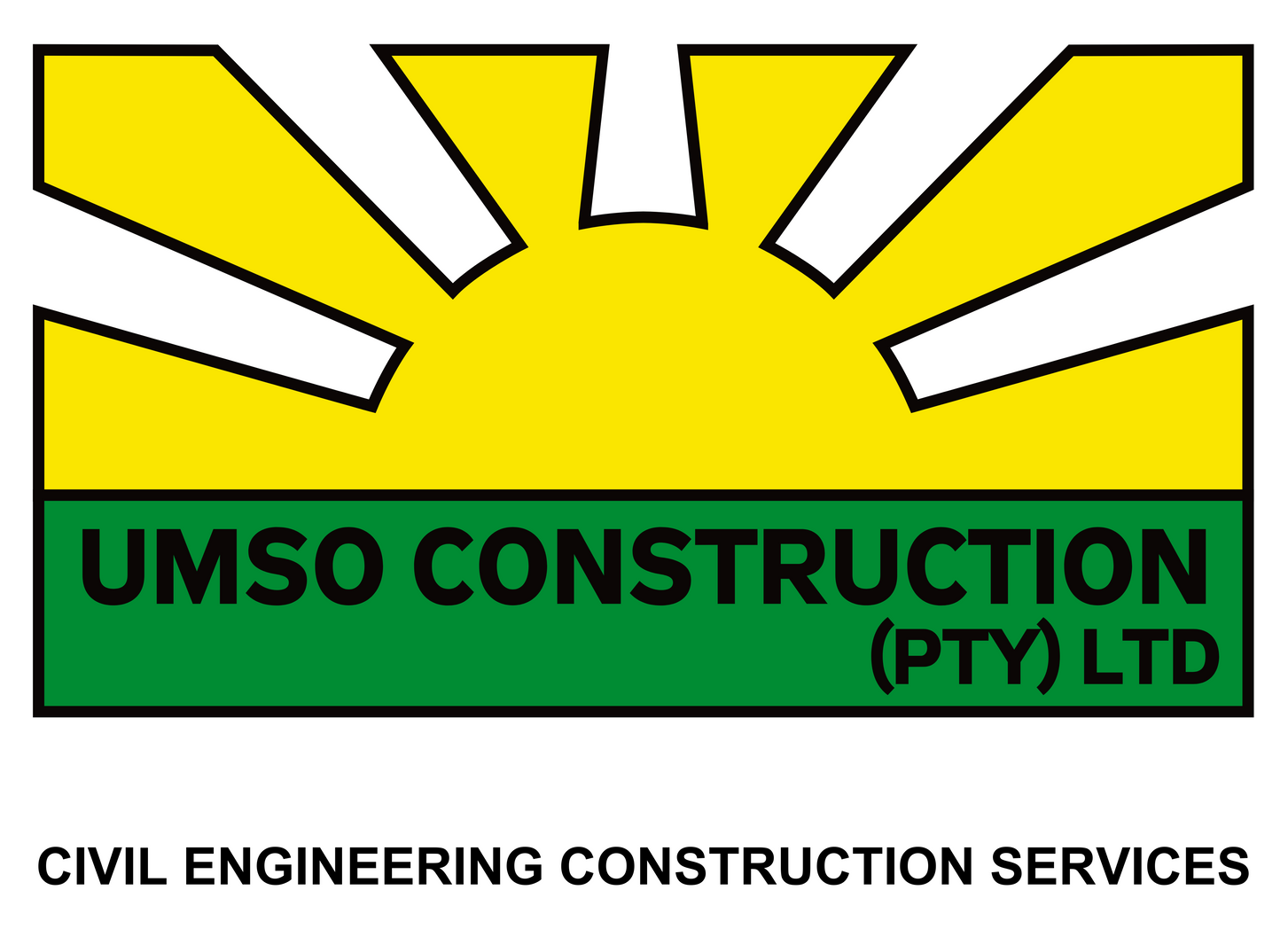 Logo for Umso Construction featuring a stylized sun with green and yellow, text reads 