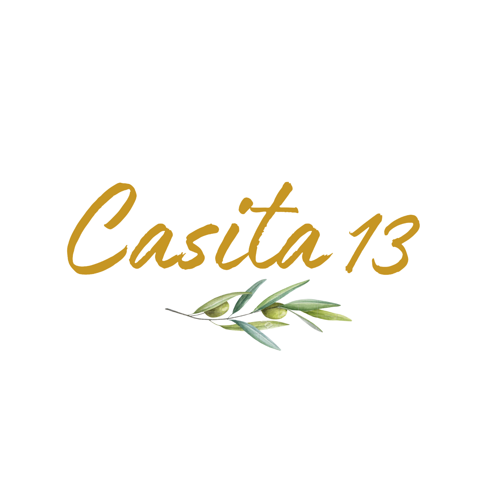 Casita 13 logo with gold script and olive branch illustration.
