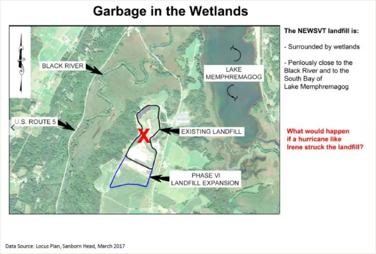 A map showing the location of garbage in the wetlands