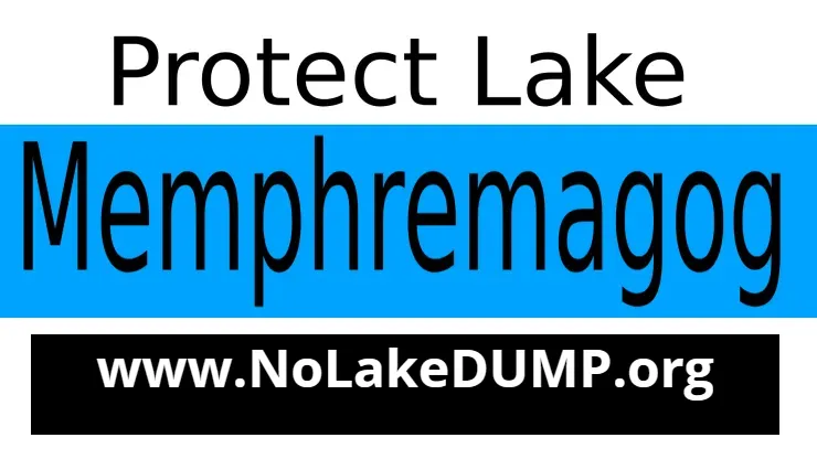 A blue and white sign that says protect lake memphremagog