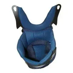 Un'imbottitura interna blu per casco da moto con linguette di fissaggio, mostrata dall'alto su sfondo bianco.