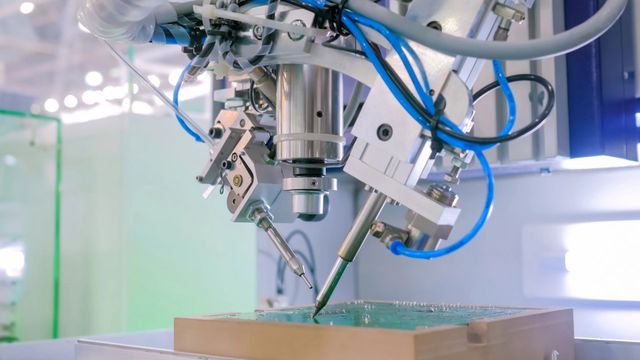 Un braccio robotico esegue saldature o assemblaggi automatizzati di precisione su un circuito stampato verde in un contesto produttivo.