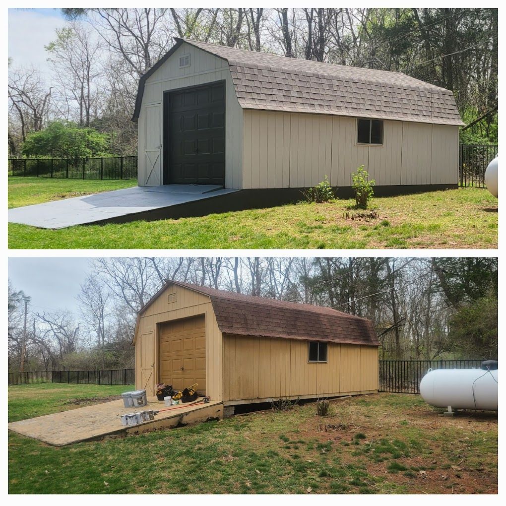 A before and after picture of a barn being painted