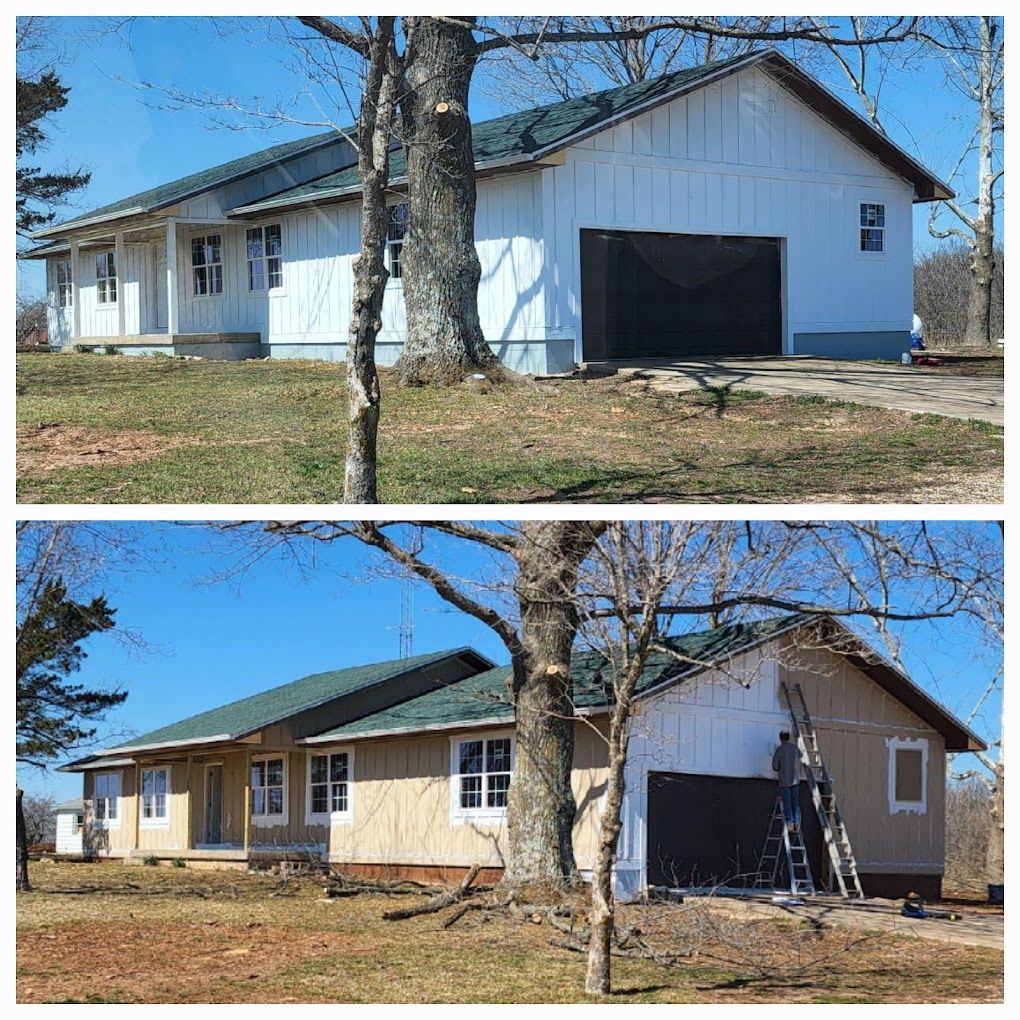 Two pictures of a house before and after being painted.